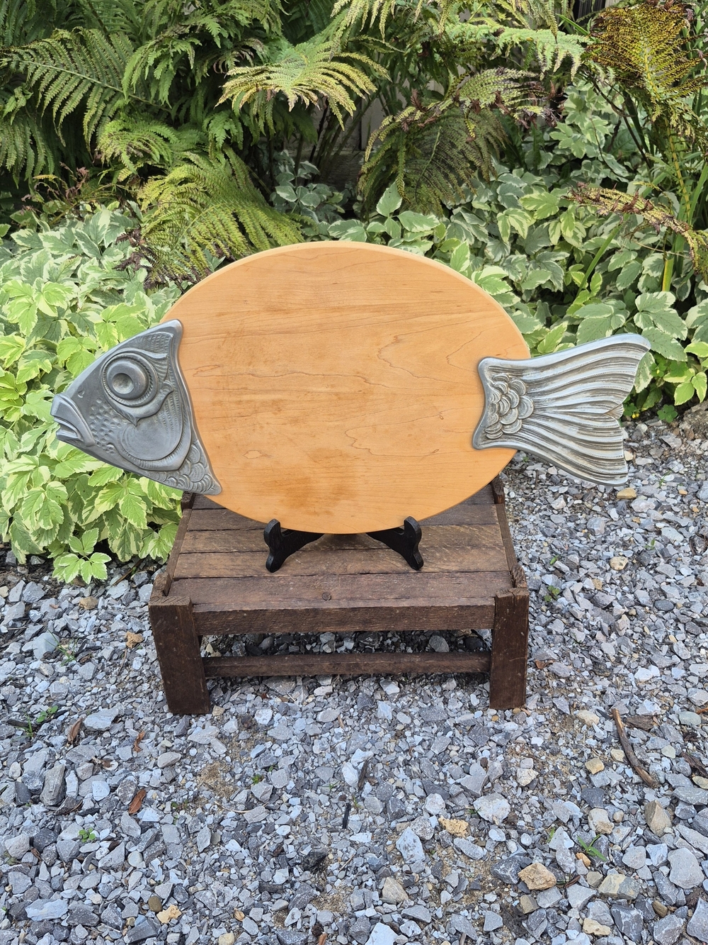VTG French GEF Fish Charcuterie Board Wood & Metal 21x11